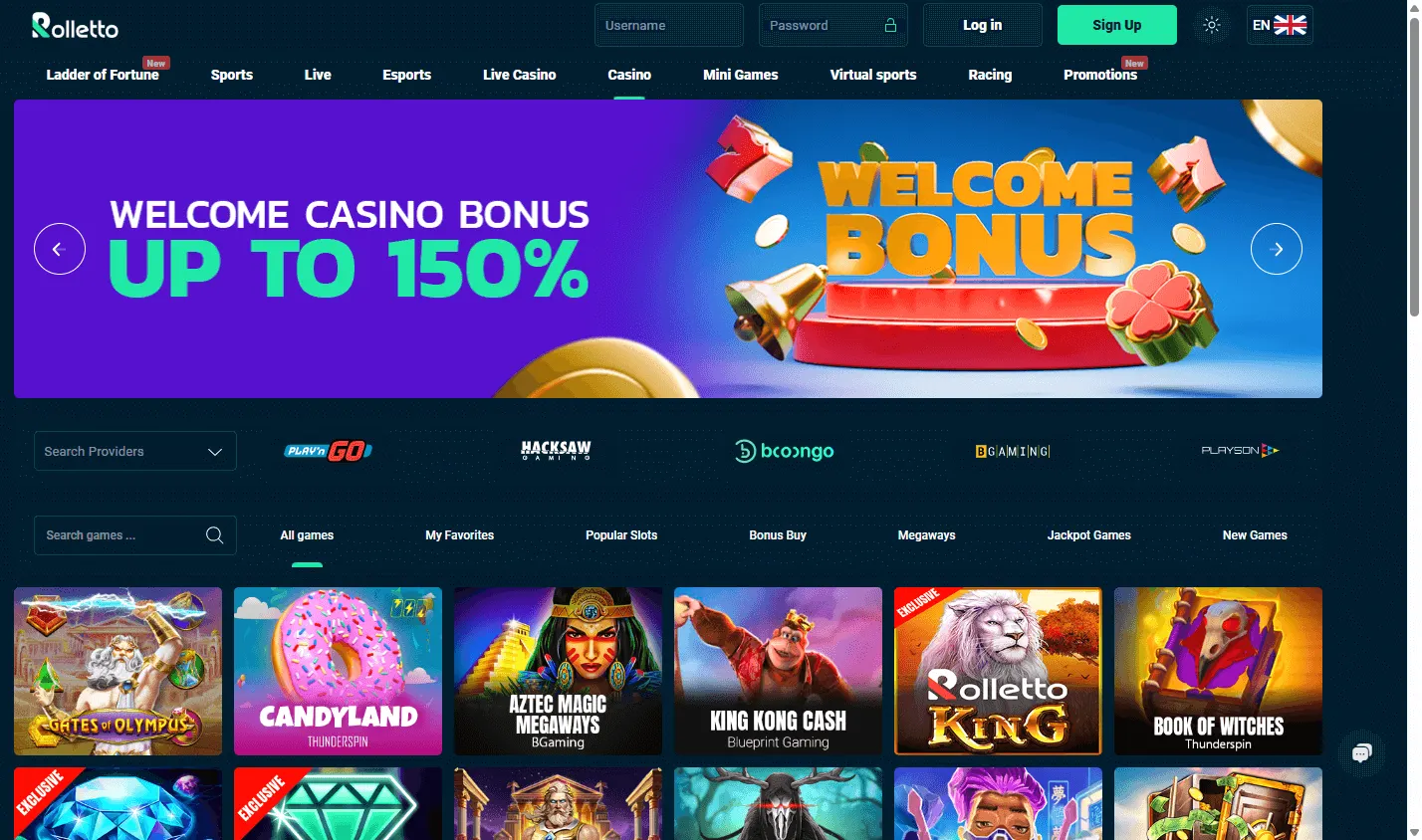 Rolletto Casino game selection on desktop
