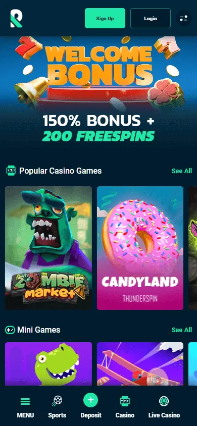 Rolletto Casino home experience on a mobile device