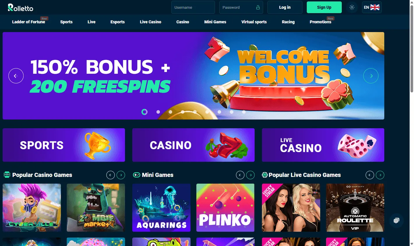 Rolletto Casino home experience on desktop