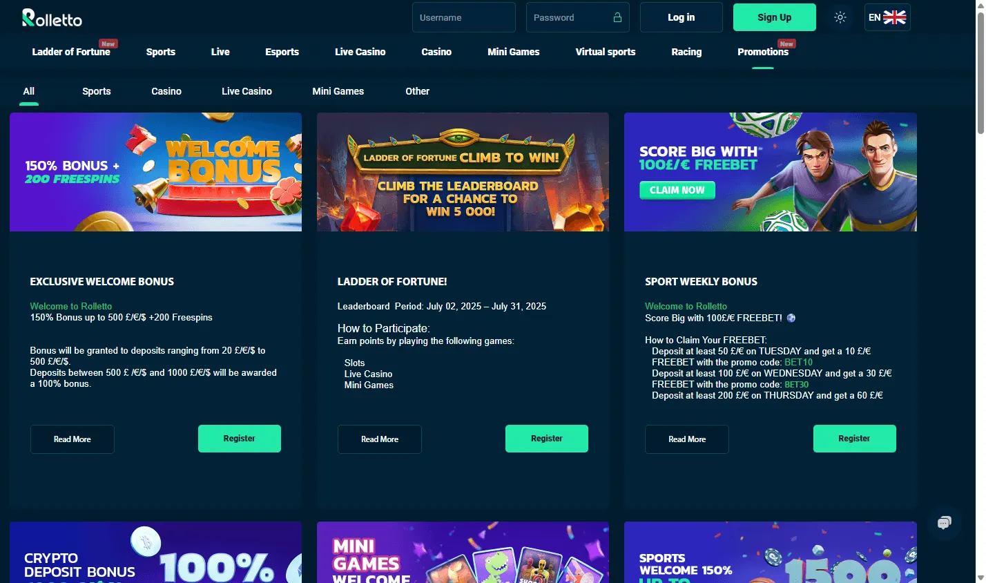 Rolletto Casino promotions on desktop