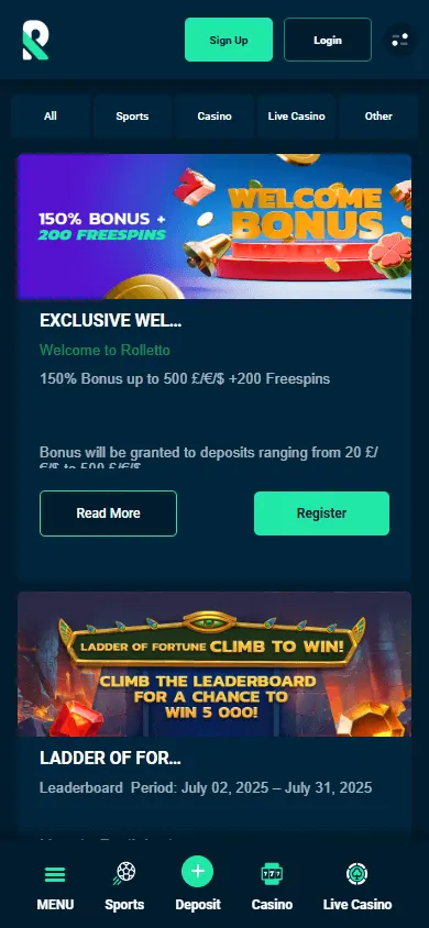 Rolletto Casino promotions on a mobile device